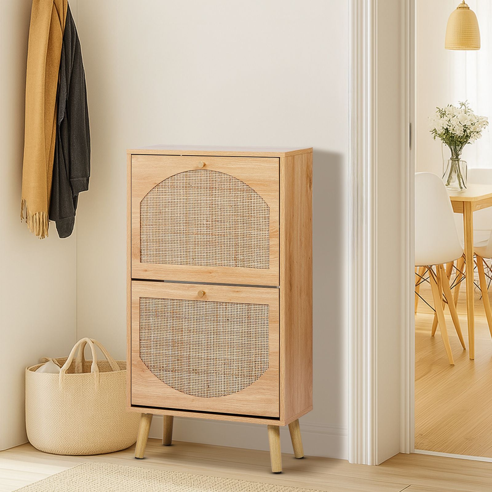 Flip-Door Shoe Cabinet with Arched Rattan Fronts – Natural Wood Finish