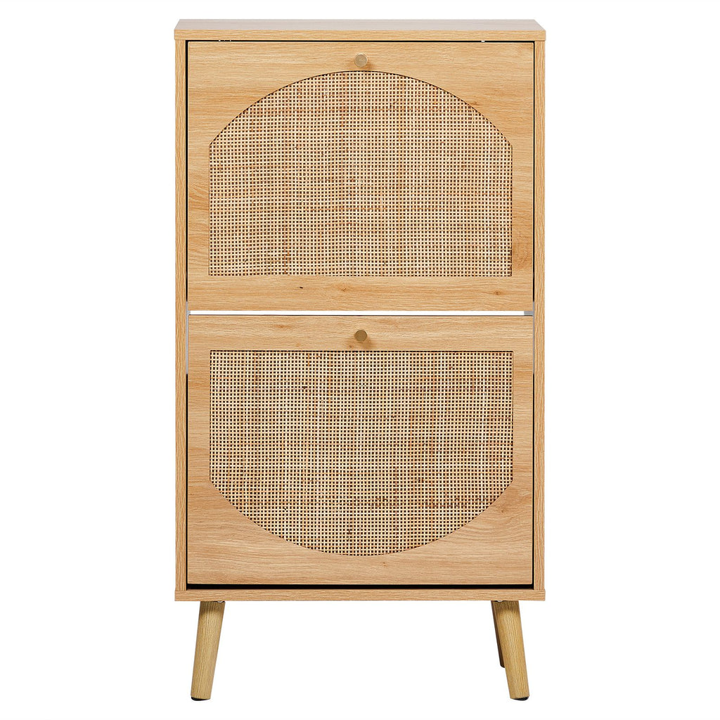Flip-Door Shoe Cabinet with Arched Rattan Fronts – Natural Wood Finish