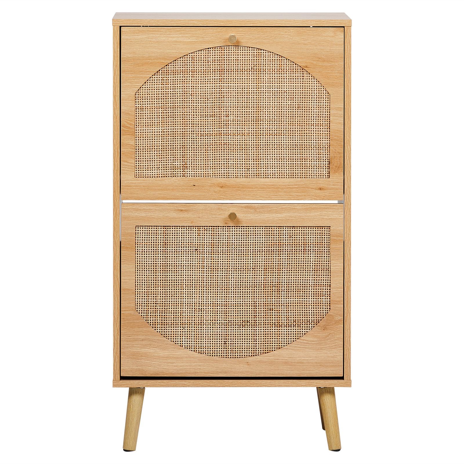 Flip-Door Shoe Cabinet with Arched Rattan Fronts – Natural Wood Finish