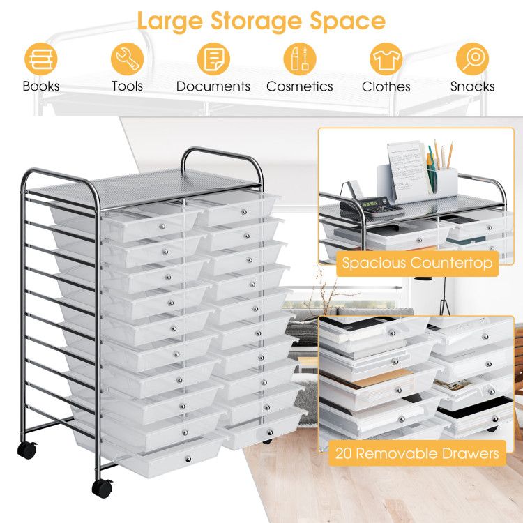 20-Drawer Rolling Storage Cart with Transparent Drawers
