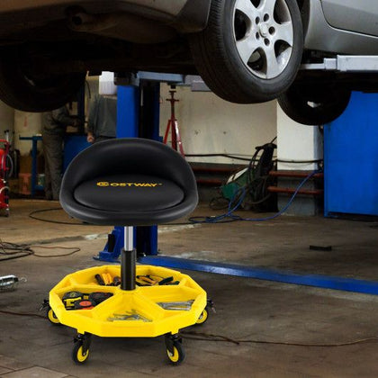 Adjustable Height Rolling Garage Stool with Tool Tray – Yellow/Black