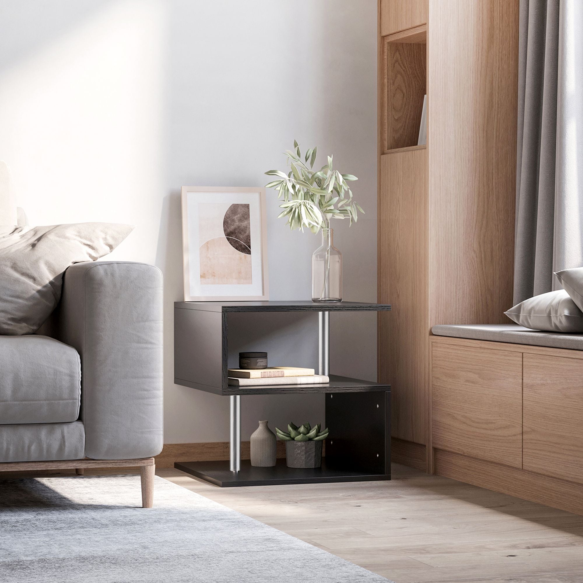 Modern S-Shaped End Table with Three-Tier Storage