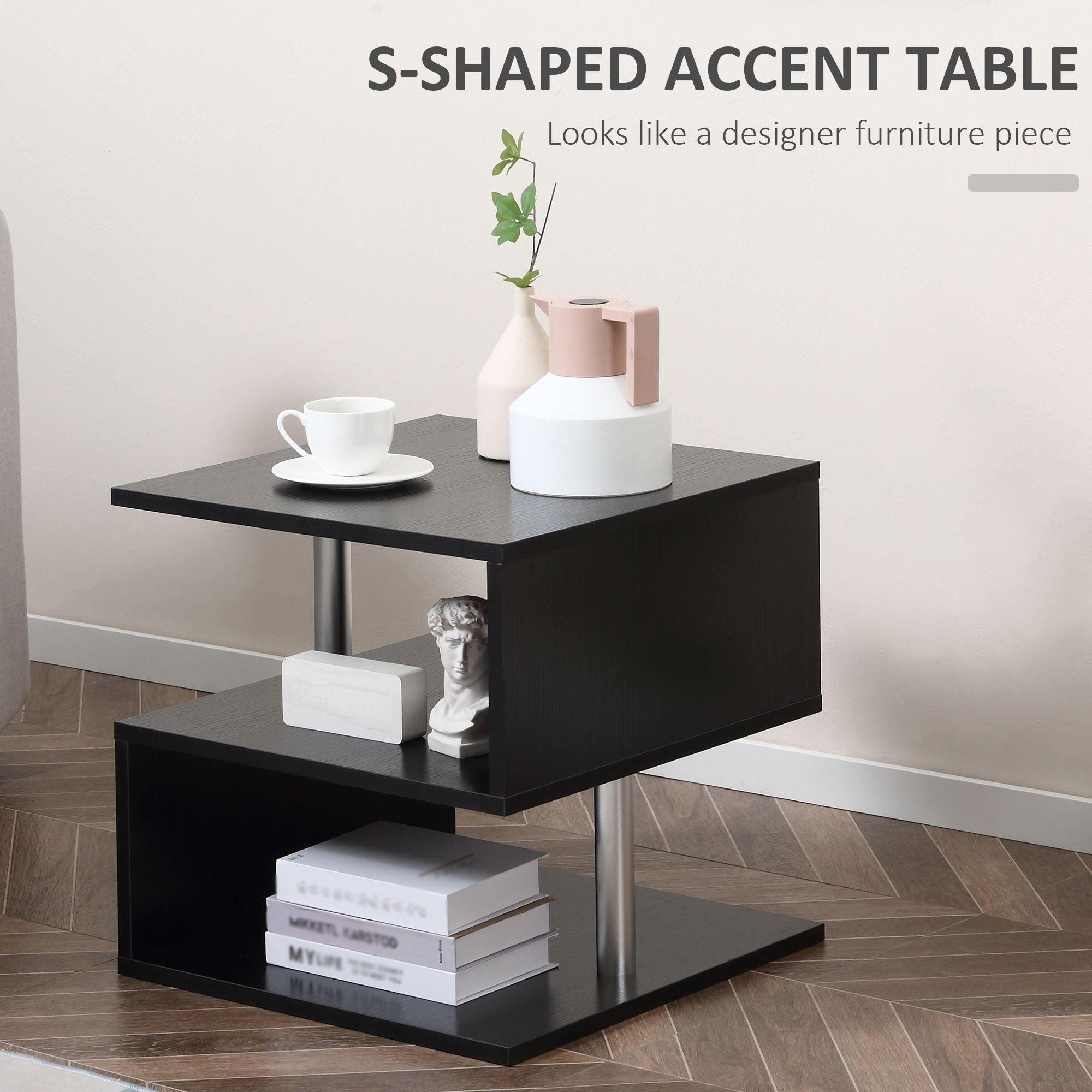 Modern S-Shaped End Table with Three-Tier Storage