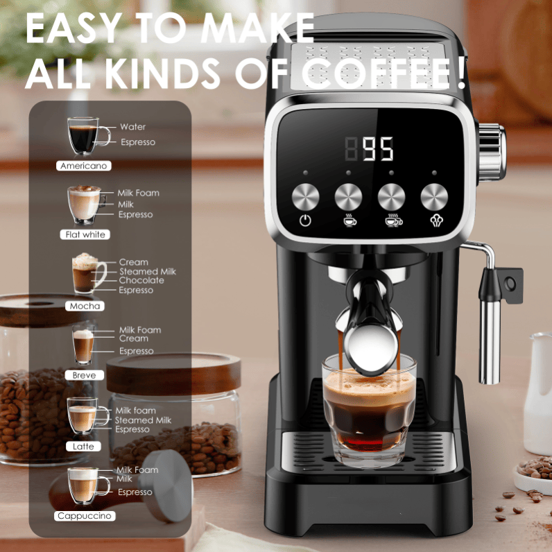 20Bar American Coffee Maker with Built-in Thermometer and Milk Frother