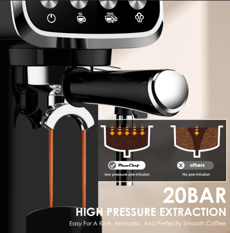 20Bar American Coffee Maker with Built-in Thermometer and Milk Frother