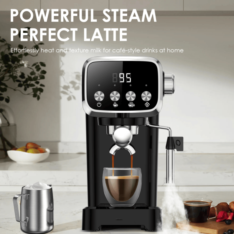 20Bar American Coffee Maker with Built-in Thermometer and Milk Frother