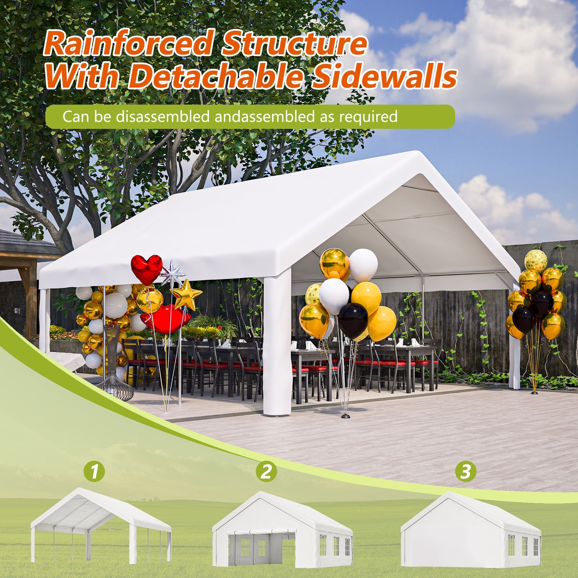 Party Tent for Weddings and BBQs with Removable Sidewalls and Storage Bags
