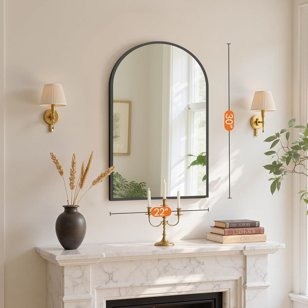 Arched Black Wall Mirror with Vintage-Inspired Character