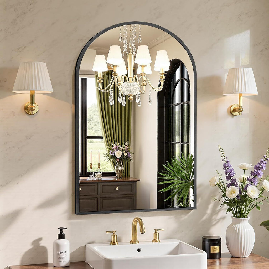 Arched Black Wall Mirror with Vintage-Inspired Character
