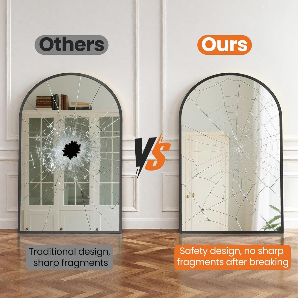Arched Black Wall Mirror with Vintage-Inspired Character