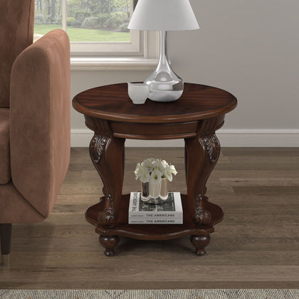 Retro Round Cherry End Table with Lower Shelf