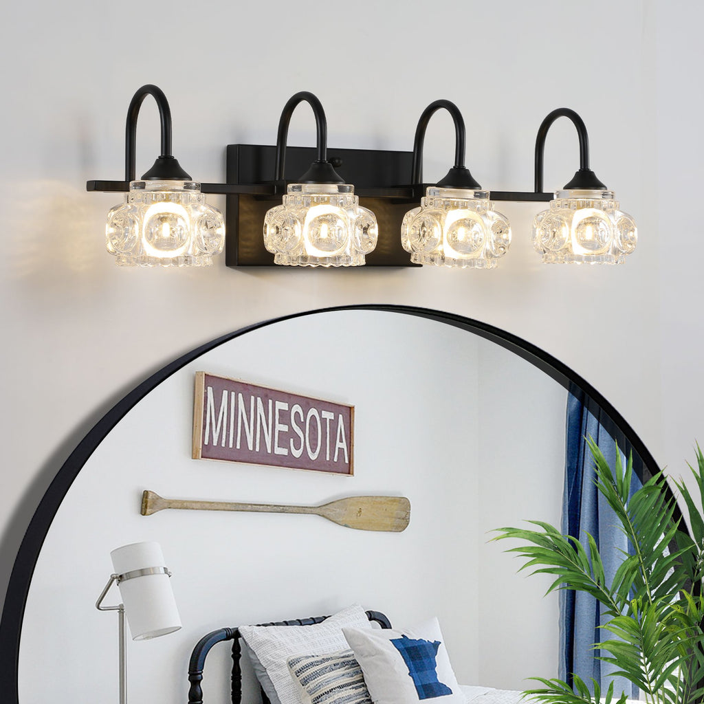 Retro Black Four-Light Vanity Fixture with Crystal Glass Shades