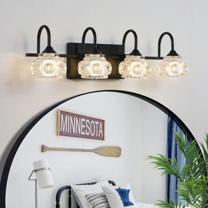 Retro Black Four-Light Vanity Fixture with Crystal Glass Shades