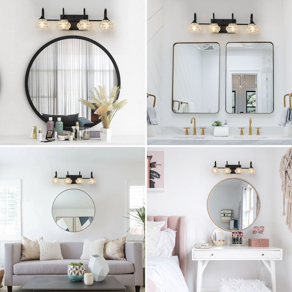 Retro Black Four-Light Vanity Fixture with Crystal Glass Shades