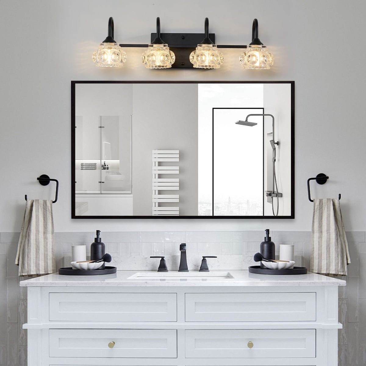 Retro Black Four-Light Vanity Fixture with Crystal Glass Shades