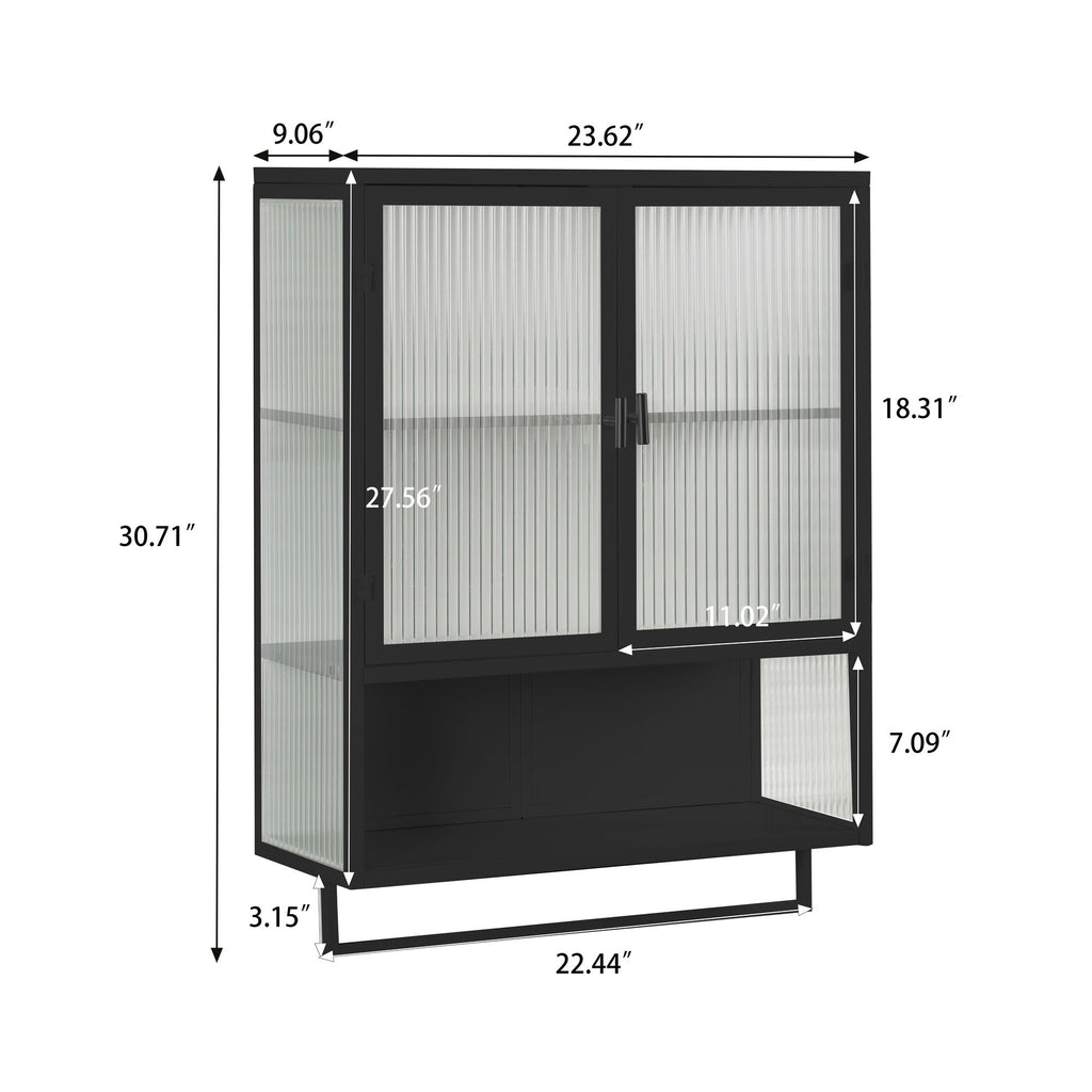 Modern Two-Door Wall Cabinet with Glass Doors, Open Shelf & Towel Rack – Black