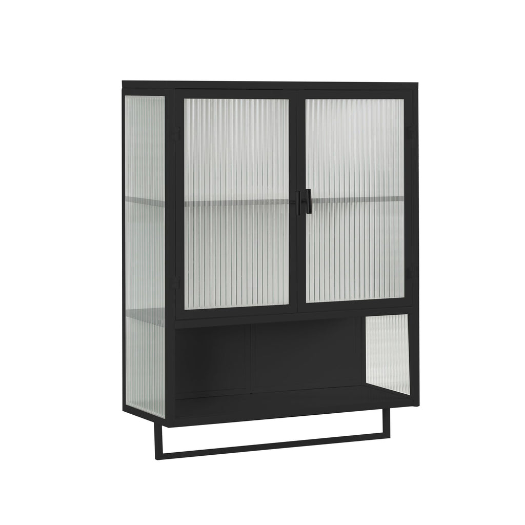 Modern Two-Door Wall Cabinet with Glass Doors, Open Shelf & Towel Rack – Black