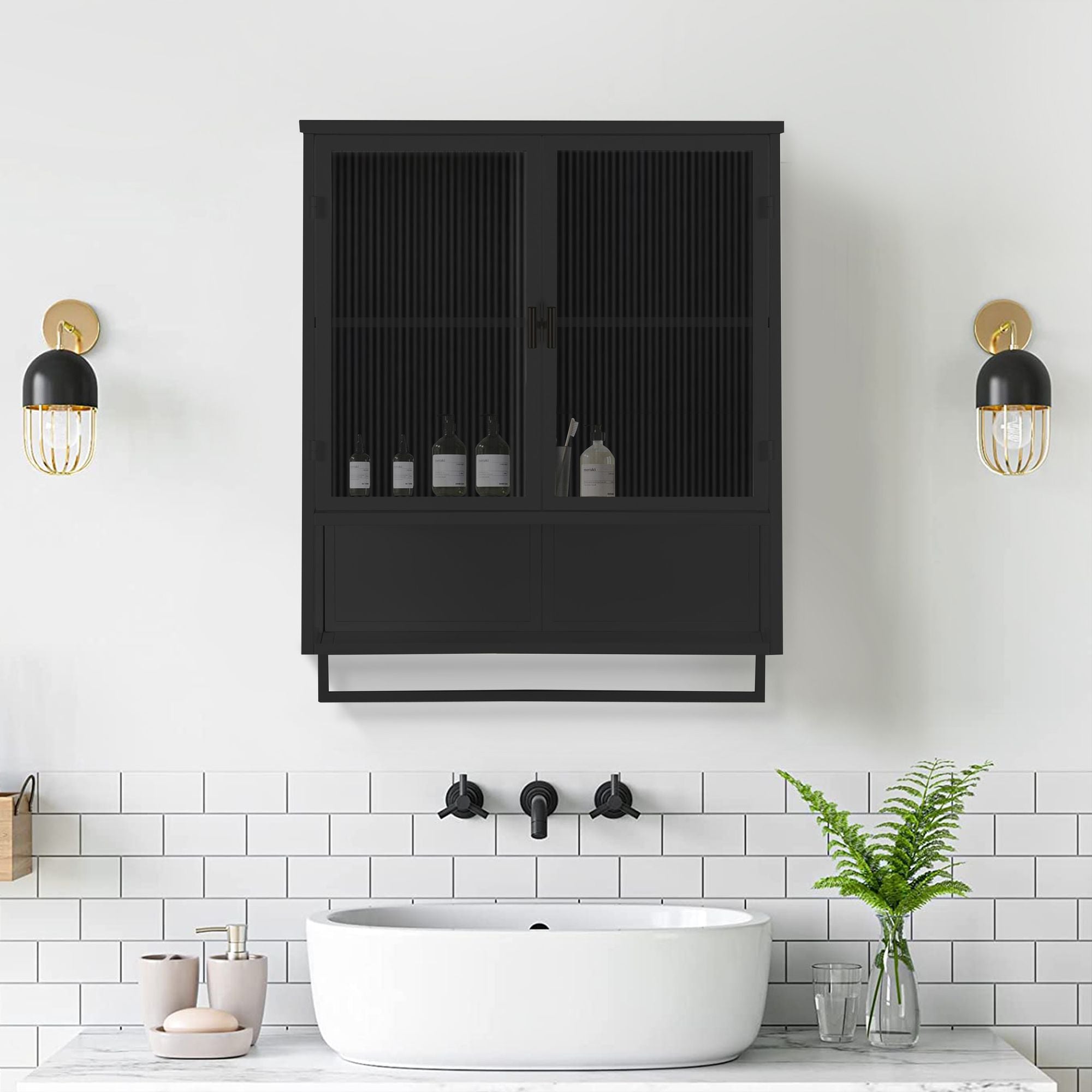 Modern Two-Door Wall Cabinet with Glass Doors, Open Shelf & Towel Rack – Black