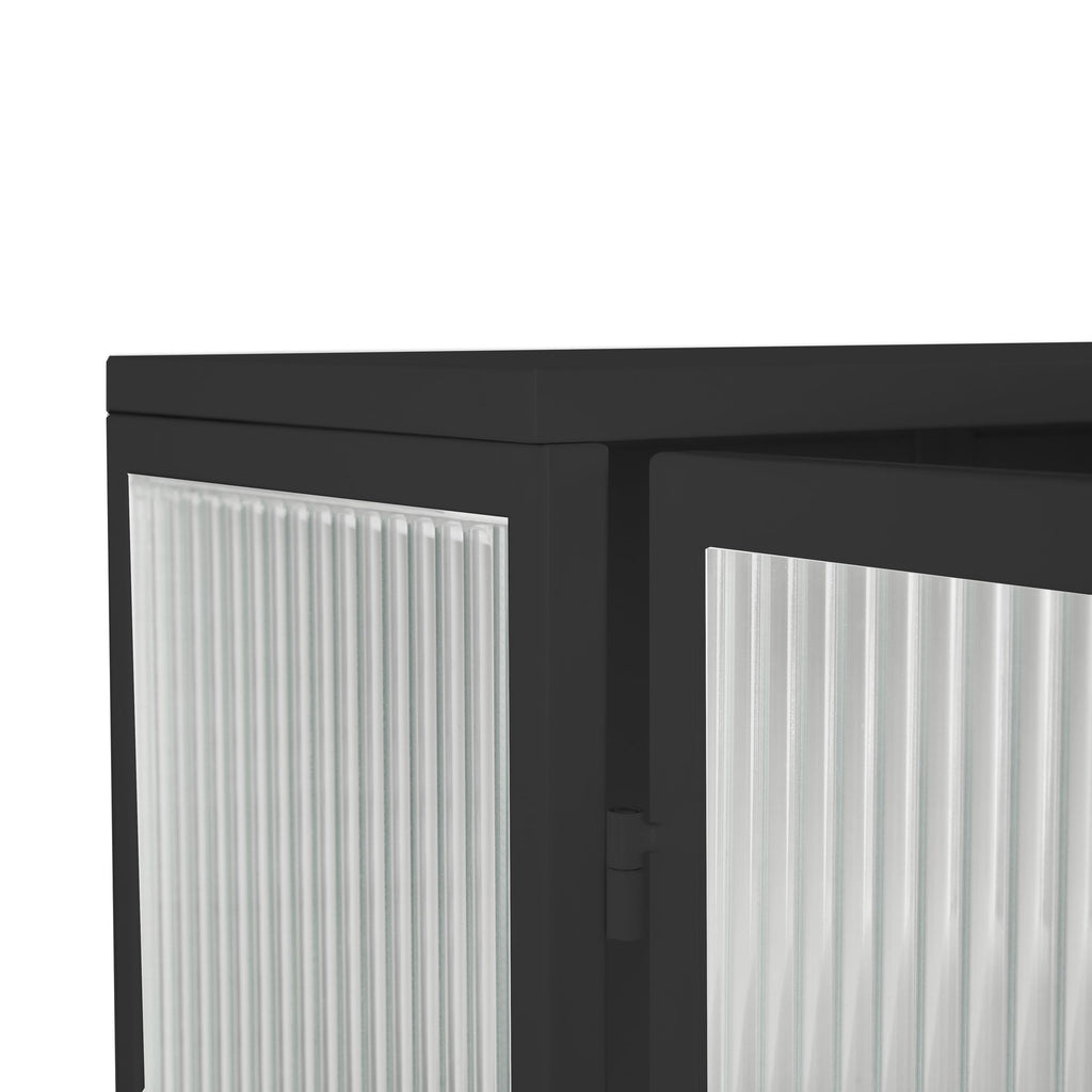 Modern Two-Door Wall Cabinet with Glass Doors, Open Shelf & Towel Rack – Black