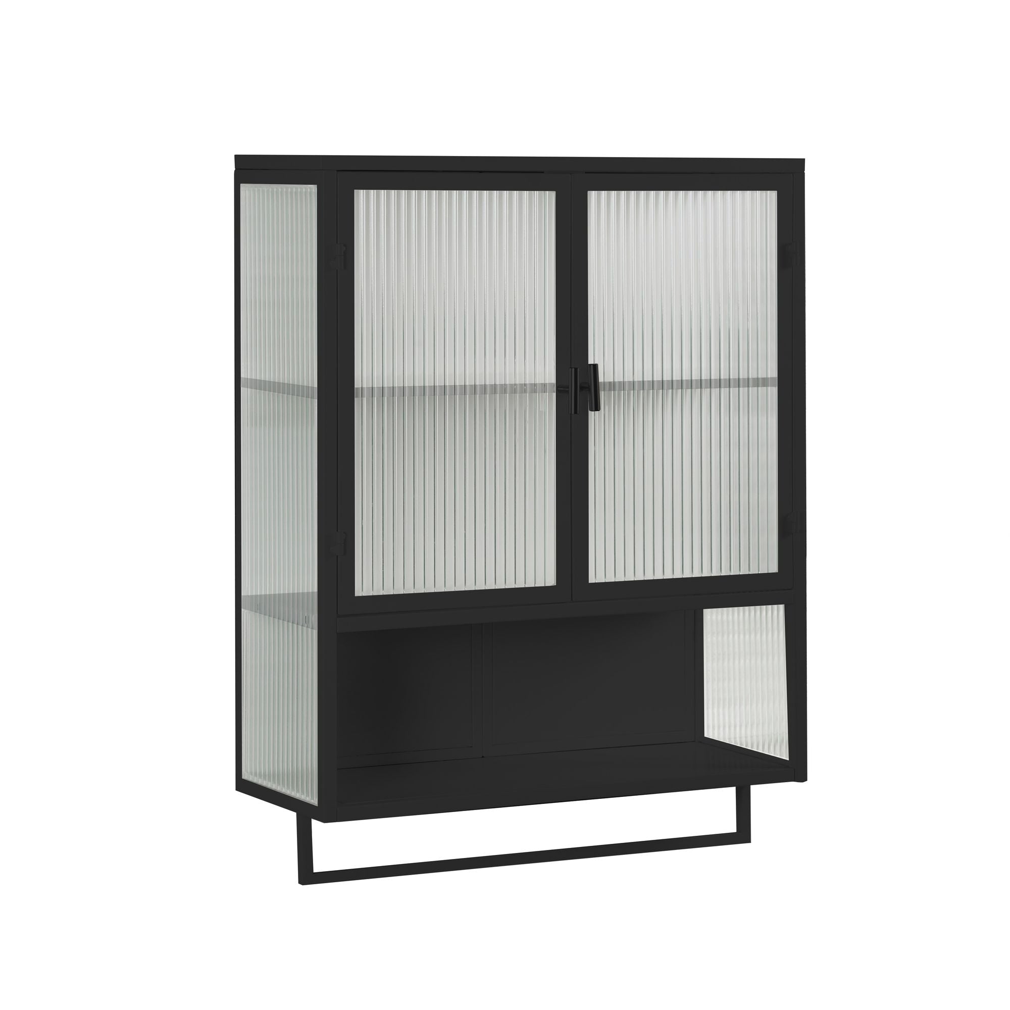 Modern Two-Door Wall Cabinet with Glass Doors, Open Shelf & Towel Rack – Black