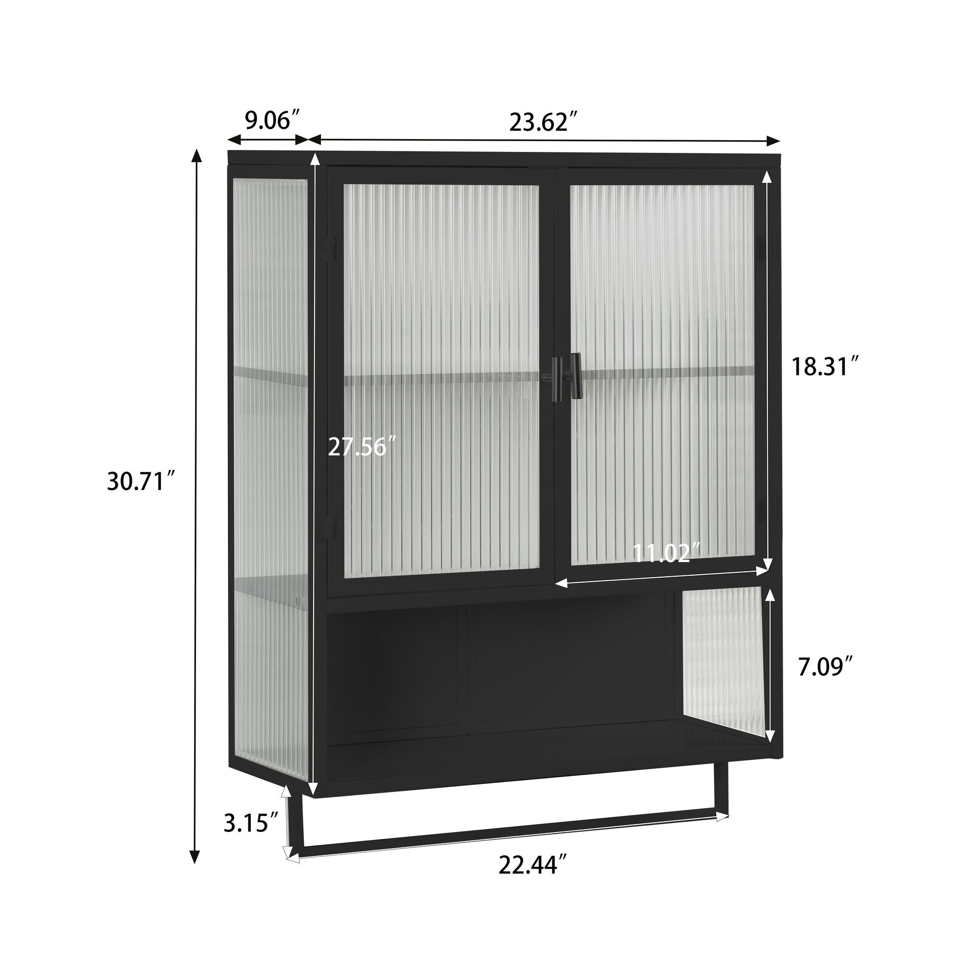 Modern Two-Door Wall Cabinet with Glass Doors, Open Shelf & Towel Rack – Black