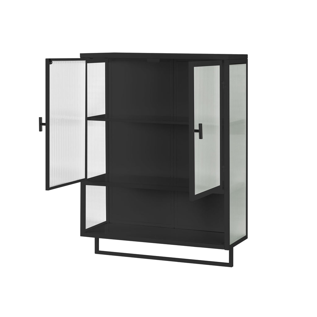 Modern Two-Door Wall Cabinet with Glass Doors, Open Shelf & Towel Rack – Black