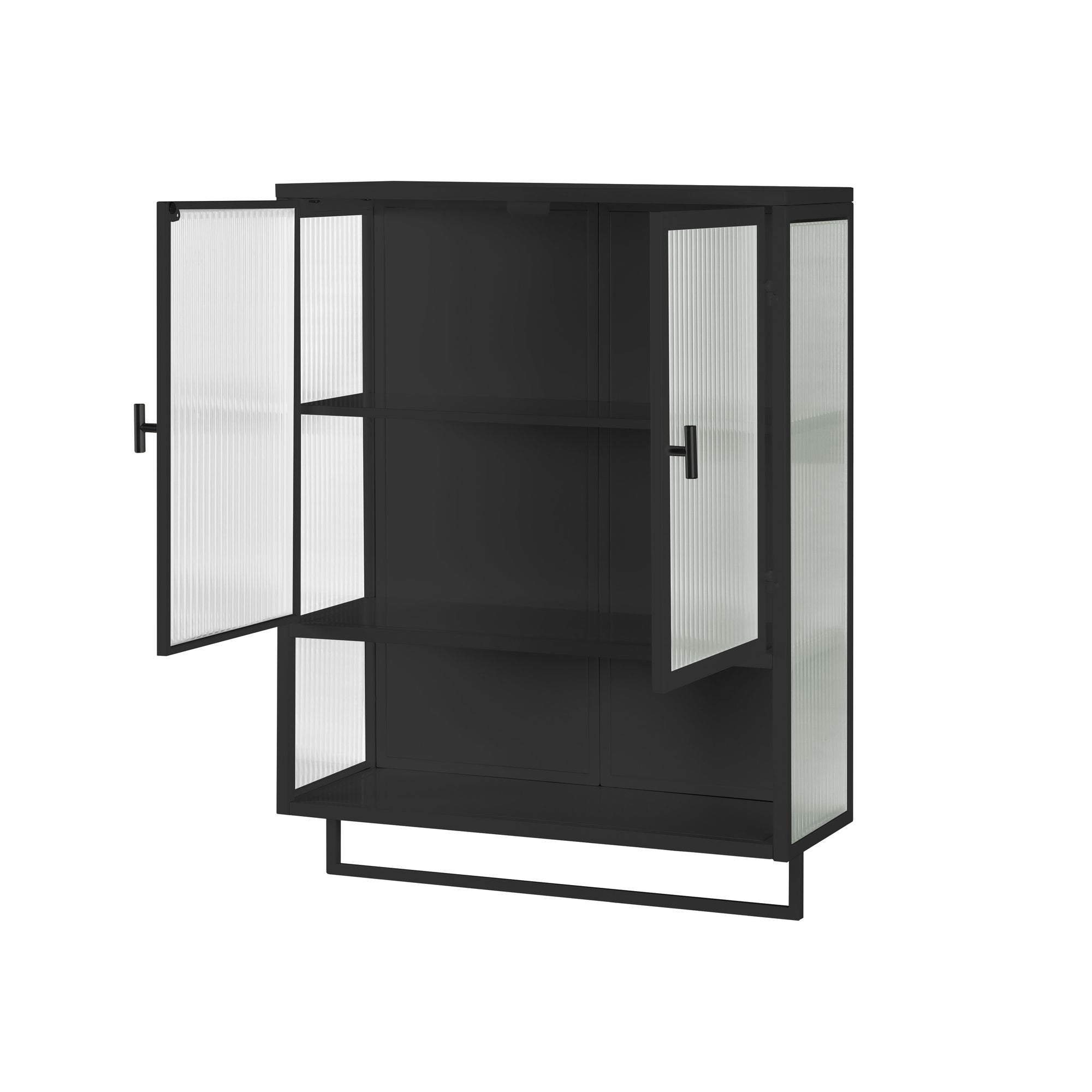 Modern Two-Door Wall Cabinet with Glass Doors, Open Shelf & Towel Rack – Black