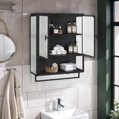 Modern Two-Door Wall Cabinet with Glass Doors, Open Shelf & Towel Rack – Black