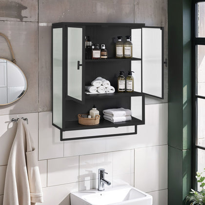 Modern Two-Door Wall Cabinet with Glass Doors, Open Shelf & Towel Rack – Black