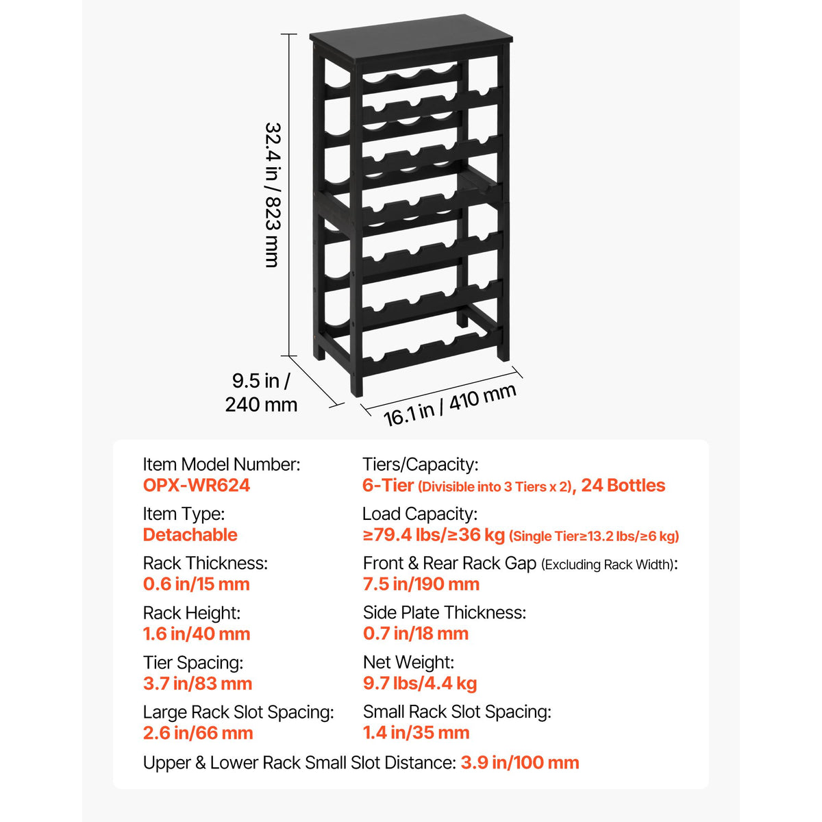 24-Bottle Detachable Wine Rack with Storage Tabletop - 6-Tier Freestanding Bamboo Wine Bottle Holder for Kitchen, Bar, Dining Room