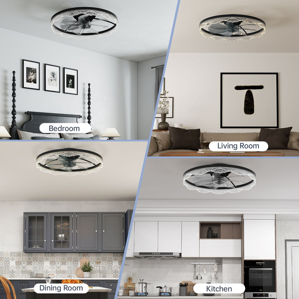 Modern Black Flush-Mount Ceiling Fan Light