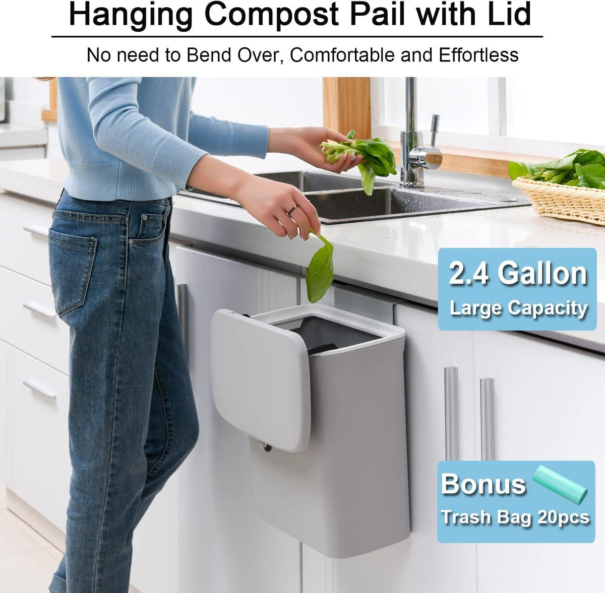 Mountable Kitchen Compost Bin with Lid for Counter or Under Sink