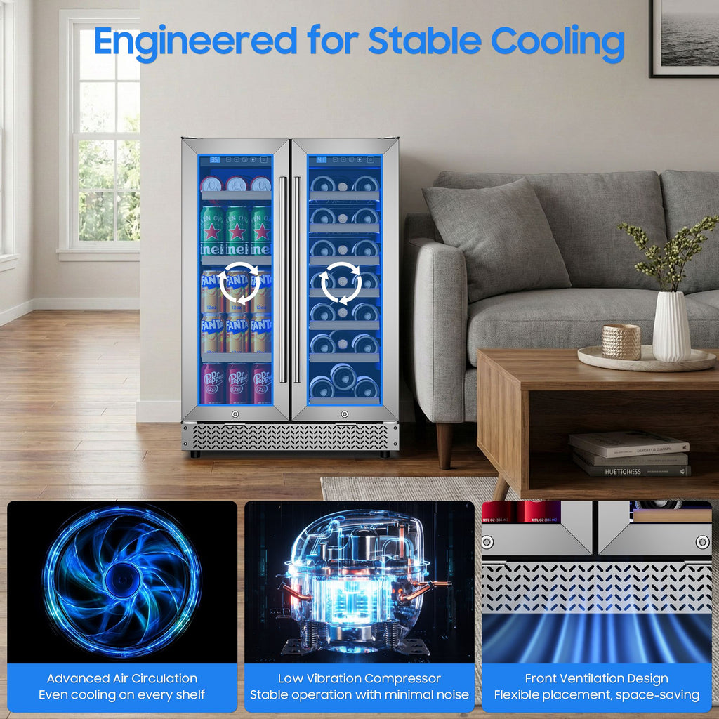 Dual-Zone Wine and Beverage Refrigerator with Locking French Doors