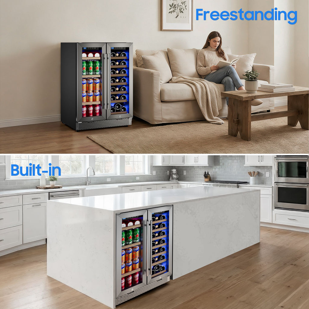 Dual-Zone Wine and Beverage Refrigerator with Locking French Doors