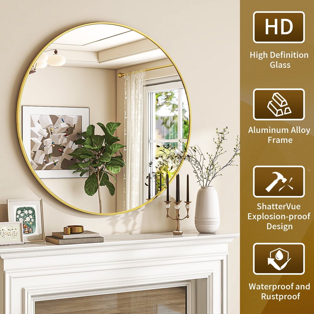 24 Round Wall Mirror with Sleek Gold Aluminum Frame
