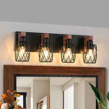 Industrial Vintage 4-Light Wall Sconce - Black Cage Wall Lighting Fixture with Wooden