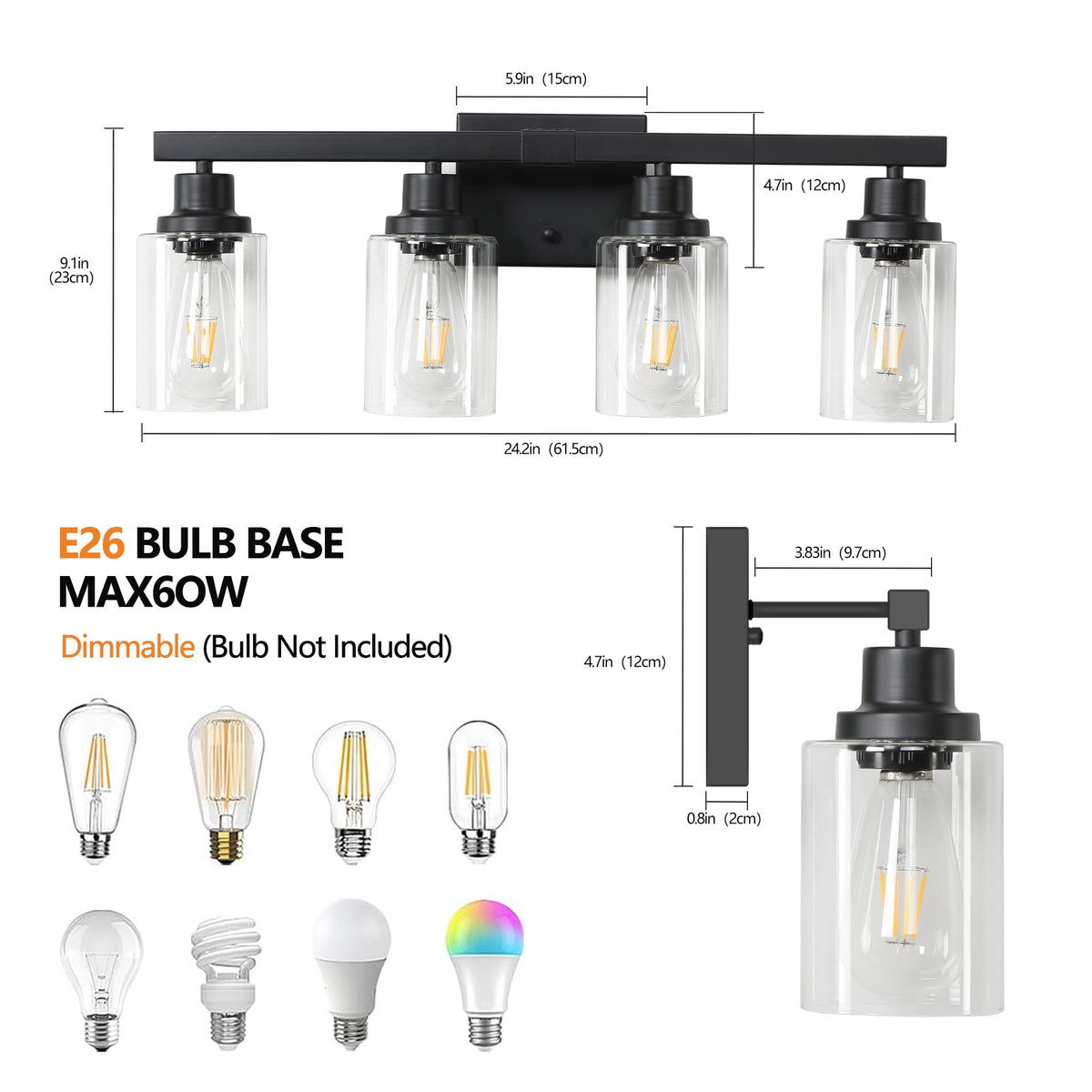 Modern Black Four-Light Vanity Wall Fixture