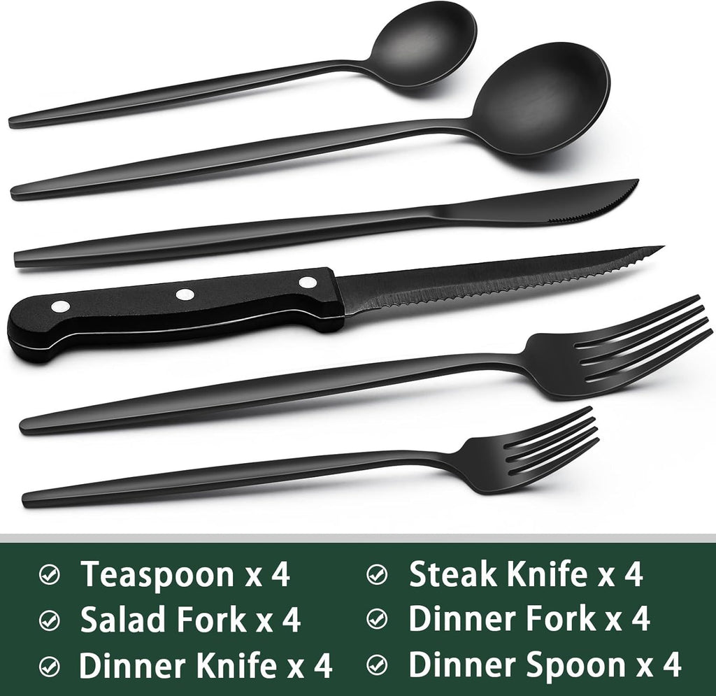 Polished Black Flatware Set with Steak Knives