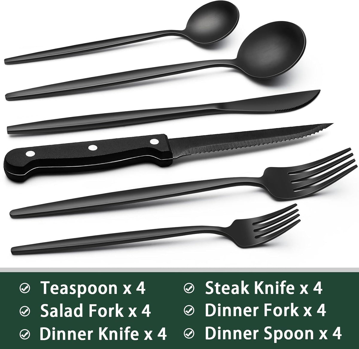 Polished Black Flatware Set with Steak Knives