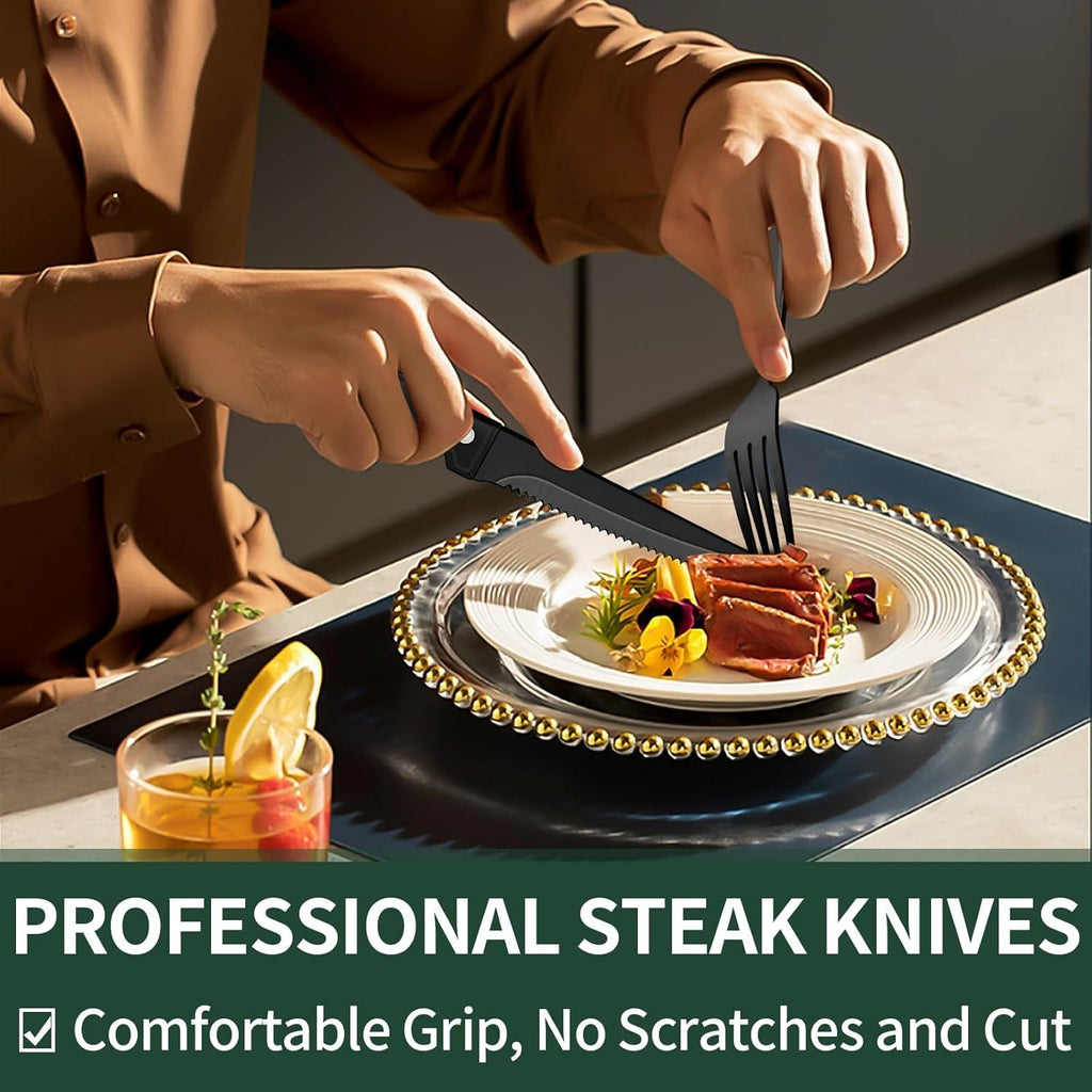 Polished Black Flatware Set with Steak Knives