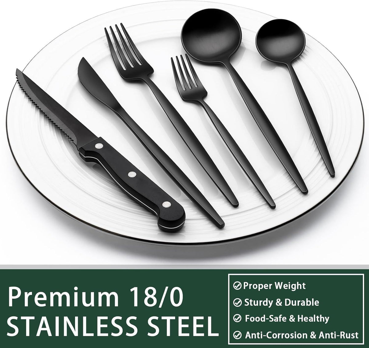 Polished Black Flatware Set with Steak Knives