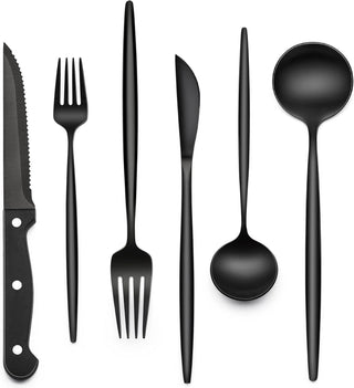 Polished Black Flatware Set with Steak Knives