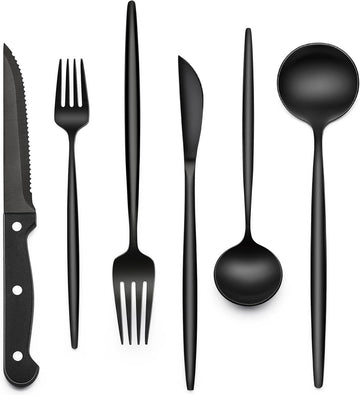 Polished Black Flatware Set with Steak Knives