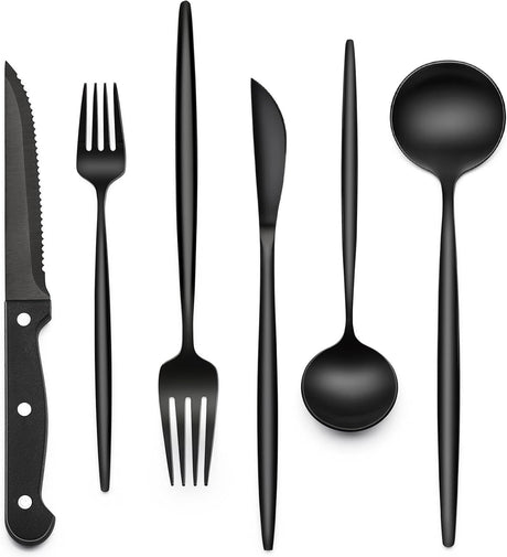 Polished Black Flatware Set with Steak Knives