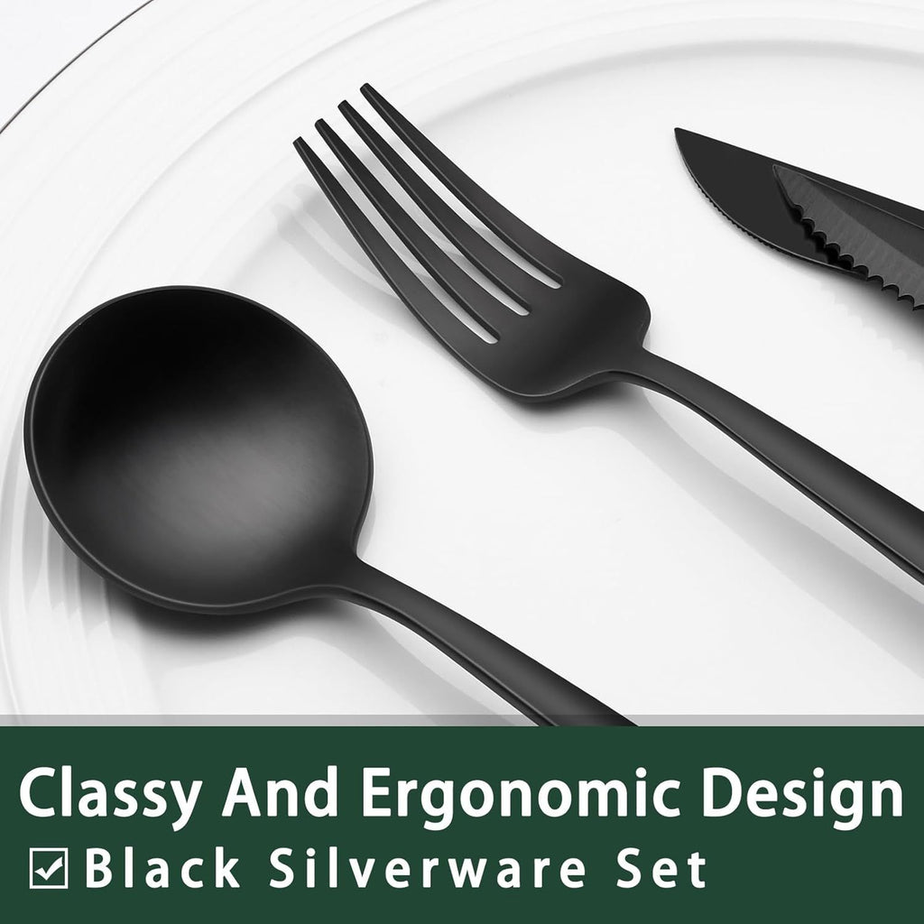 Polished Black Flatware Set with Steak Knives