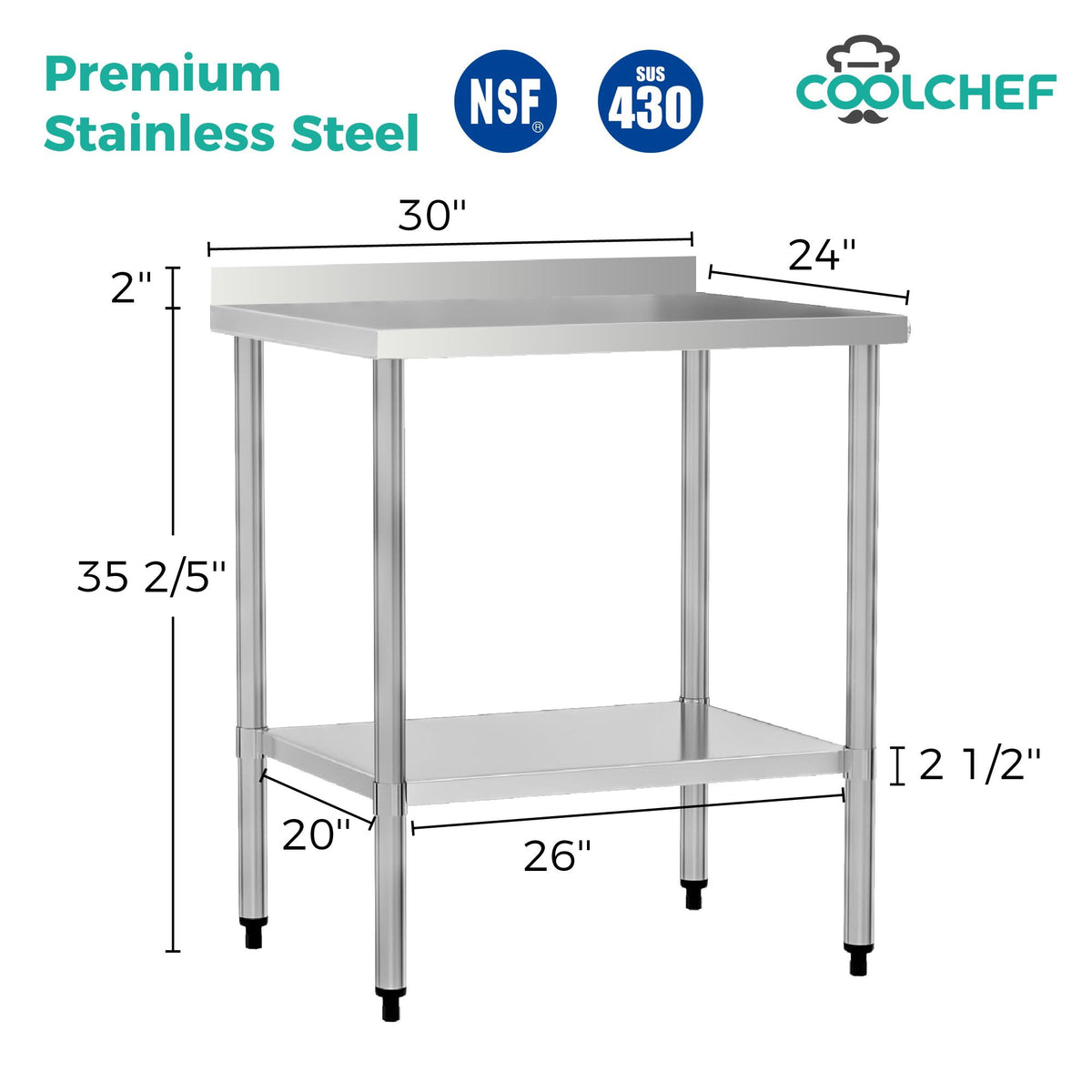 Commercial Kitchen Work Table with Backsplash and Undershelf