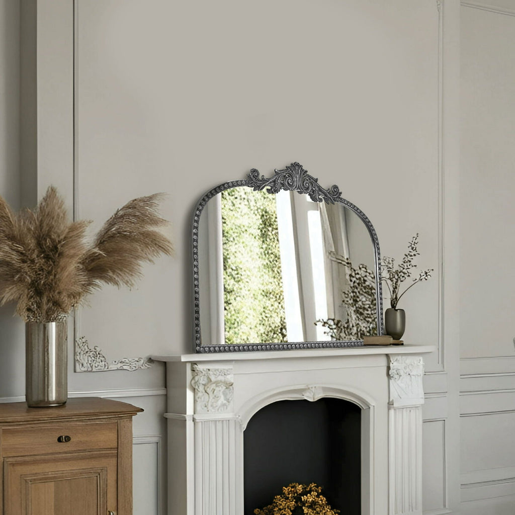 Filigree Arch Metal Mantle Mirror in Silver – Elegant Wall Decor