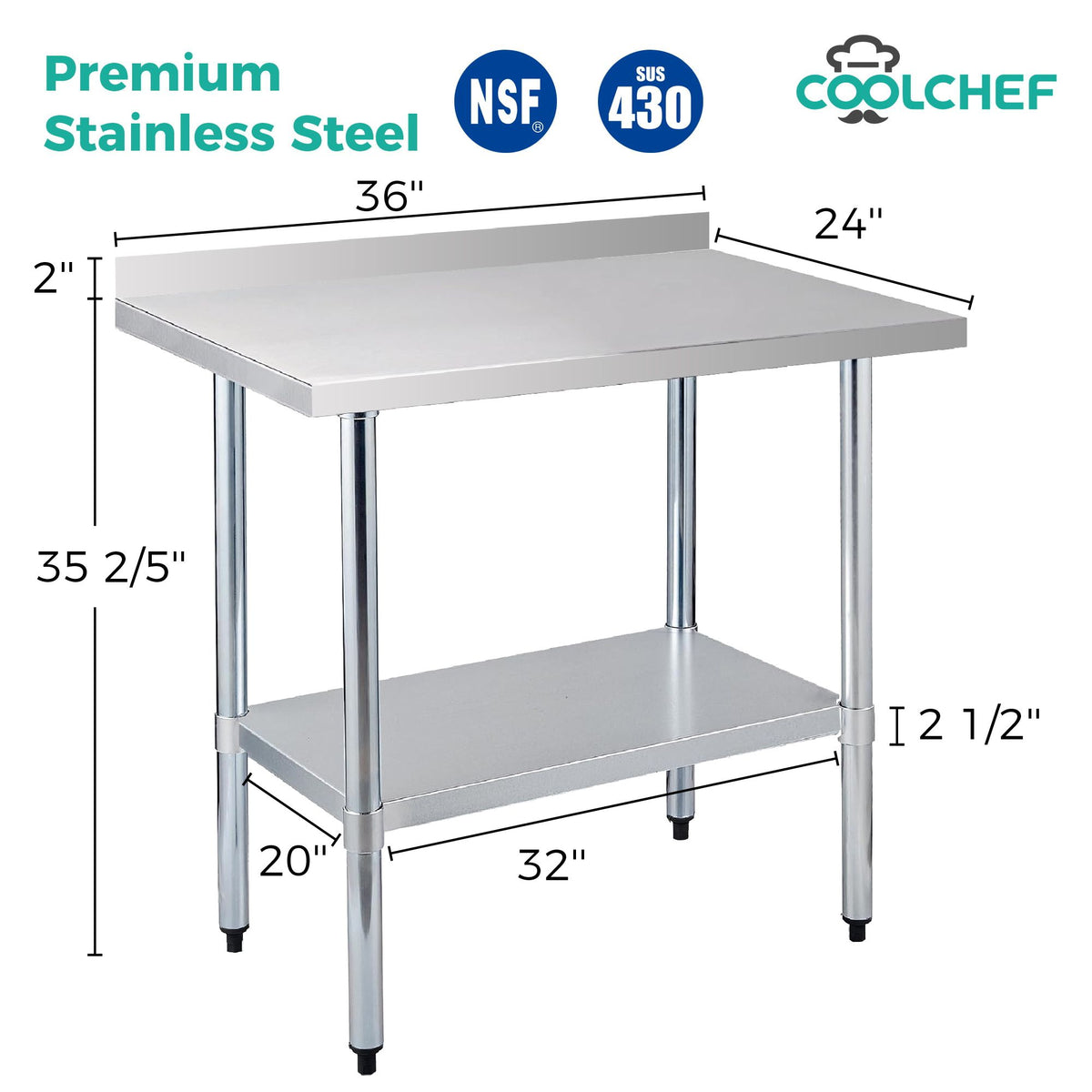 Commercial Kitchen Work Table with Backsplash and Undershelf