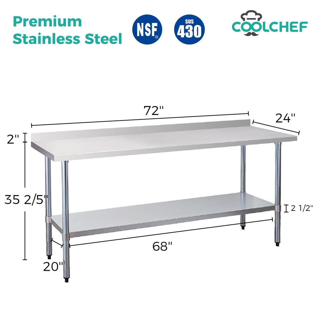 Stainless Steel Commercial Work Table with 4" Backsplash and Shelf