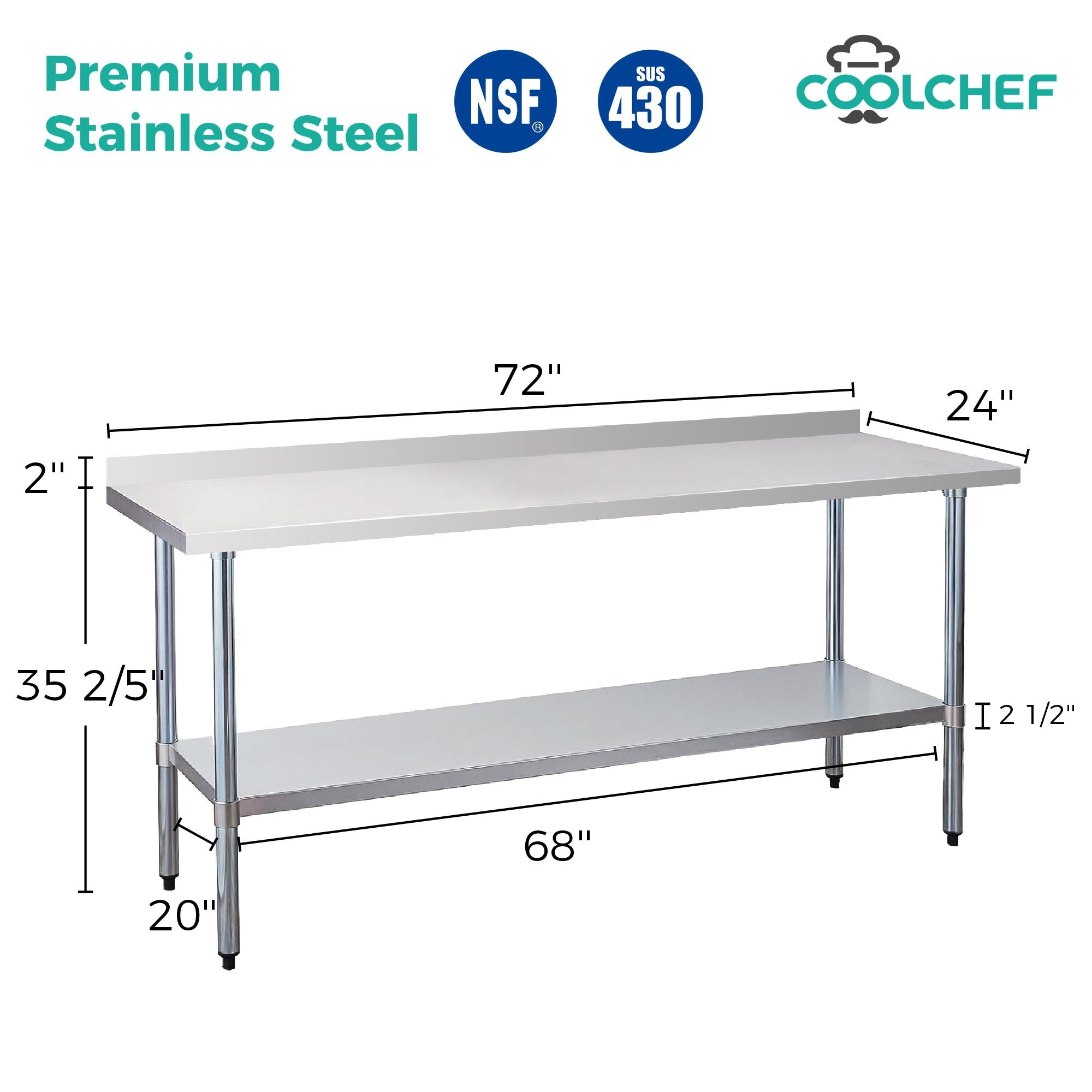 Stainless Steel Commercial Work Table with 4" Backsplash and Shelf